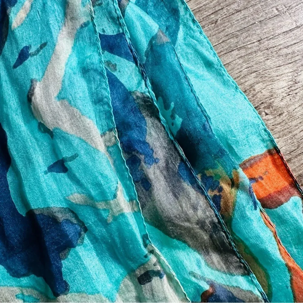 Turquoise Orange Abstract‎ Silk Scarf 65x40 Machine Stitched